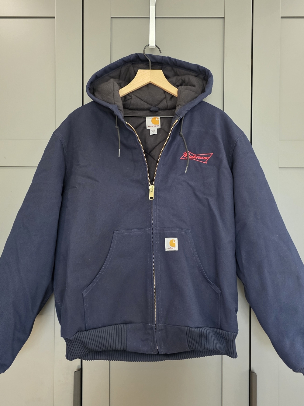 Carhartt Navy Hooded Work Jacket with Budweiser Logo
